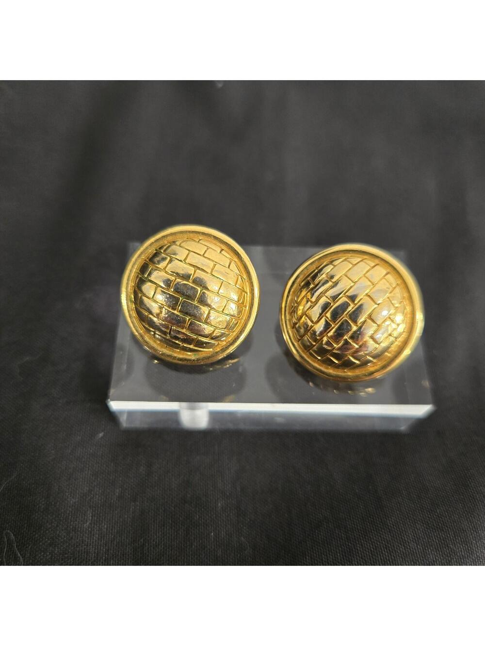 Givenchy Gold Tone Domed Basketweave Clip On Earrings Stud Button Vintage 80s